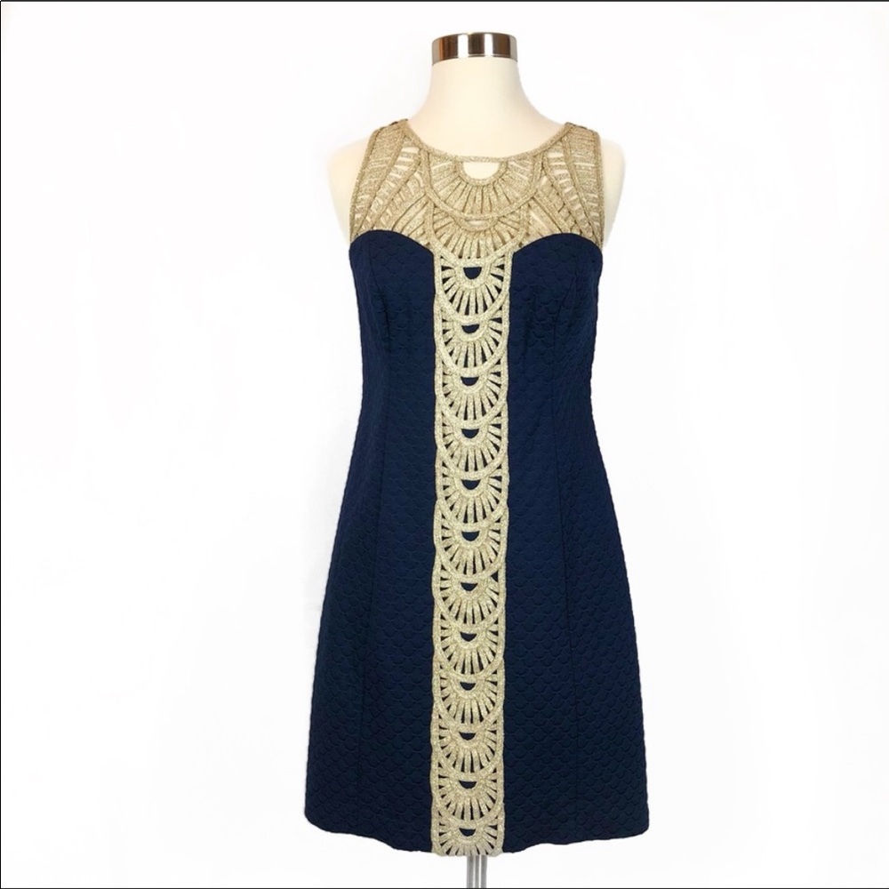 Lilly Pulitzer Rare Tana Shift Dress, Navy & Gold